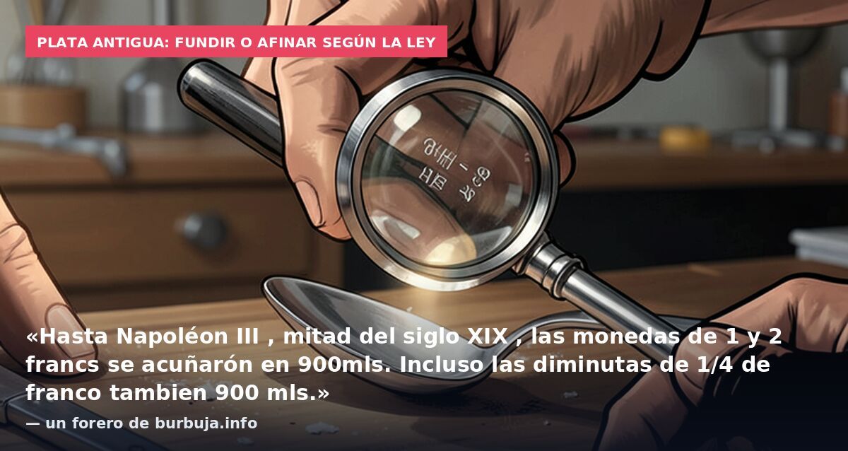 Plata antigua: fundir o afinar según la ley: «Hasta Napoléon III , mitad del siglo XIX , las monedas de 1 y 2 francs se acuñarón en 900mls. Incluso las diminutas de 1/4 de franco tambien 900 mls.» — un forero de burbuja.info