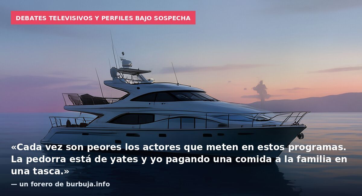 Debates televisivos y perfiles bajo sospecha: «Cada vez son peores los actores que meten en estos programas. La pedorra está de yates y yo pagando una comida a la familia en una tasca.» — un forero de burbuja.info