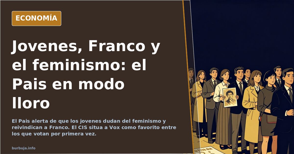 Ilustracion editorial de un aula con jovenes estudiantes y un retrato de Franco en la pizarra, en tonos azul marino y dorado