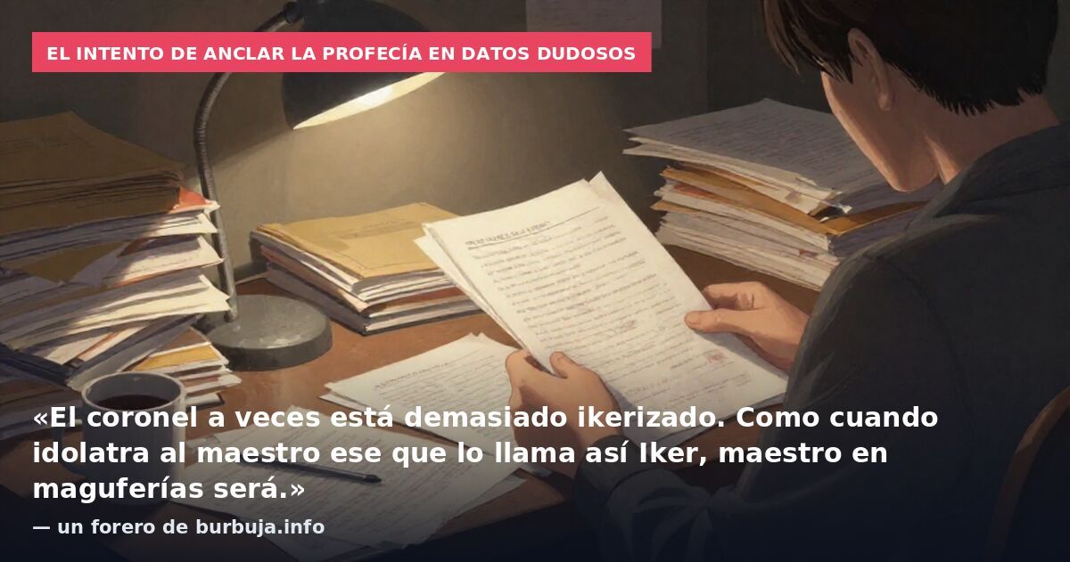 El intento de anclar la profecía en datos dudosos: «El coronel a veces está demasiado ikerizado. Como cuando idolatra al maestro ese que lo llama así Iker, maestro en maguferías será.» — un forero de burbuja.info