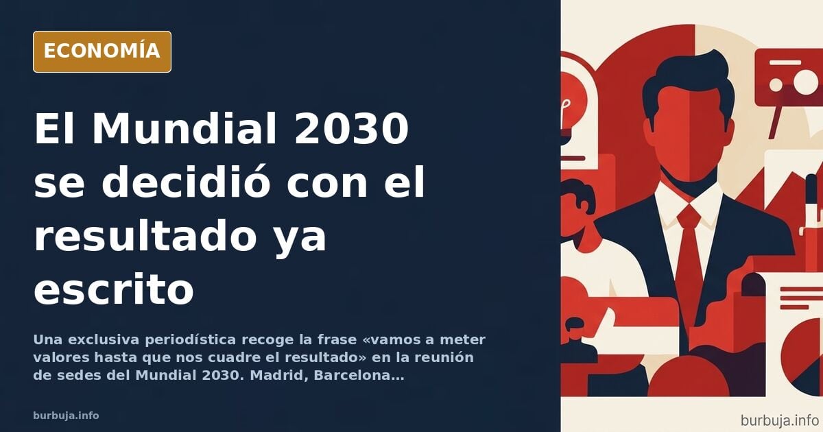 Ilustración editorial de una mesa de reunión con documentos de candidatura del Mundial 2030 y un mapa de sedes españolas marc