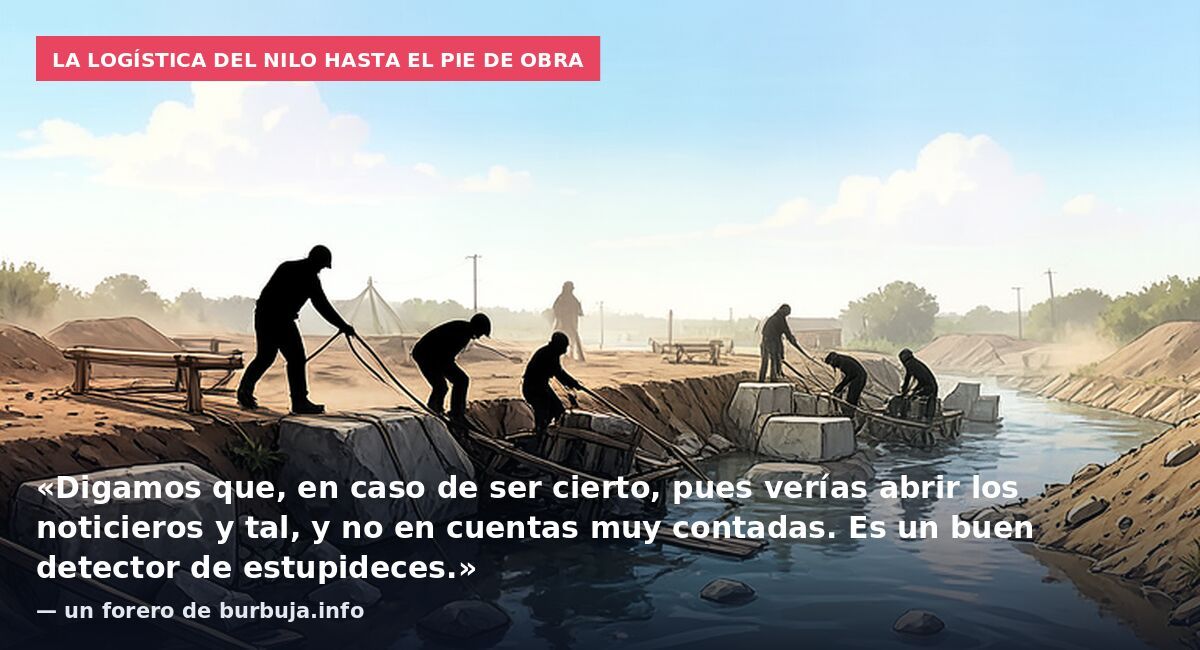 La logística del Nilo hasta el pie de obra: «Digamos que, en caso de ser cierto, pues verías abrir los noticieros y tal, y no en cuentas muy contadas. Es un buen detector de estupideces.» — un forero de burbuja.info