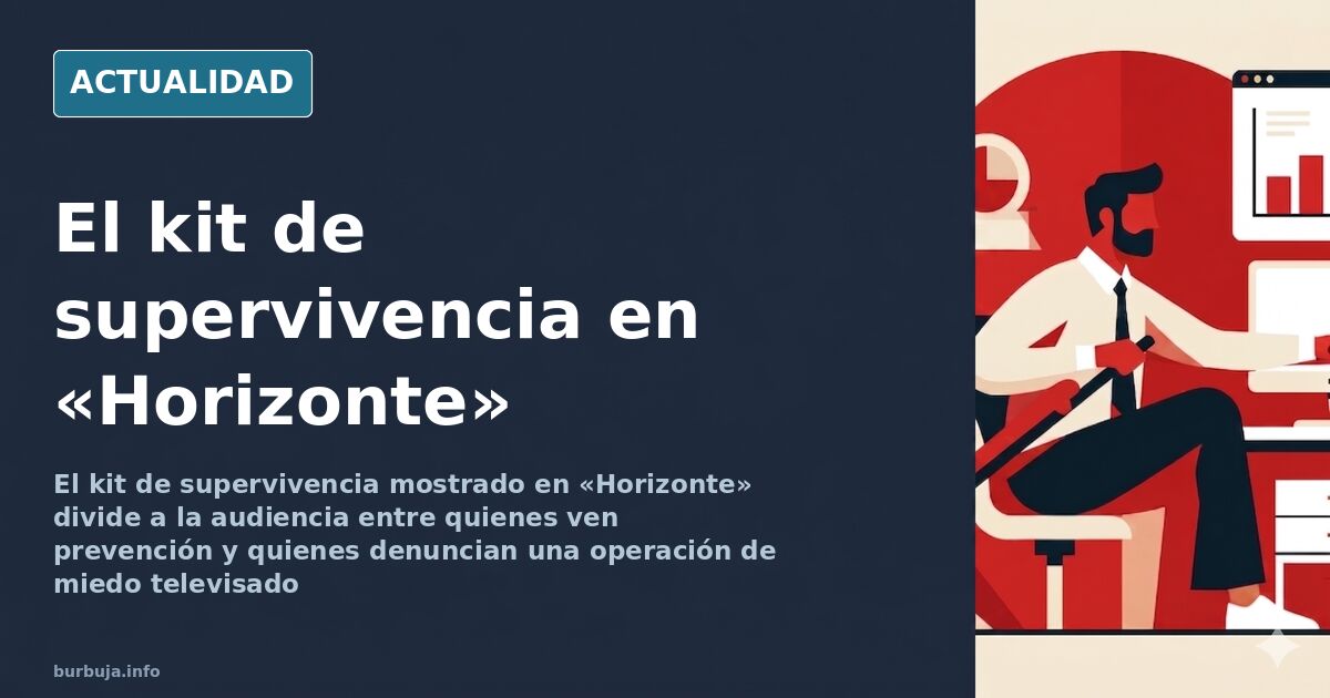 Kit de supervivencia con latas, linterna y radio sobre una mesa junto a un televisor encendido