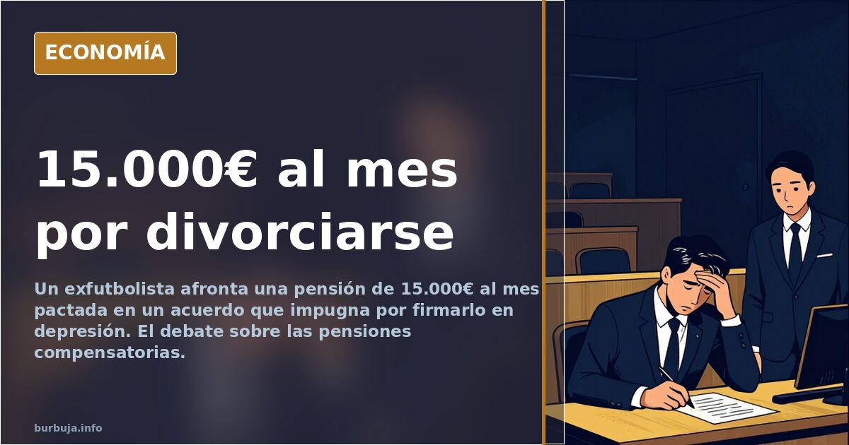 Ilustración editorial de una balanza de justicia inclinada por una pensión compensatoria de 15.000 euros al mes