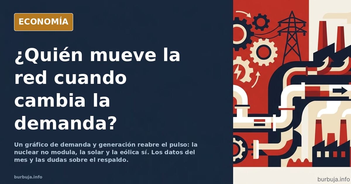 Gráfico de líneas superpuestas con la demanda eléctrica y la generación nuclear, eólica, fotovoltaica e hidráulica a lo largo