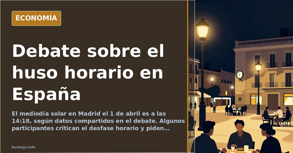 Reloj de sol sobre un mapa de España con husos horarios marcados, ilustración editorial en azul marino y dorado