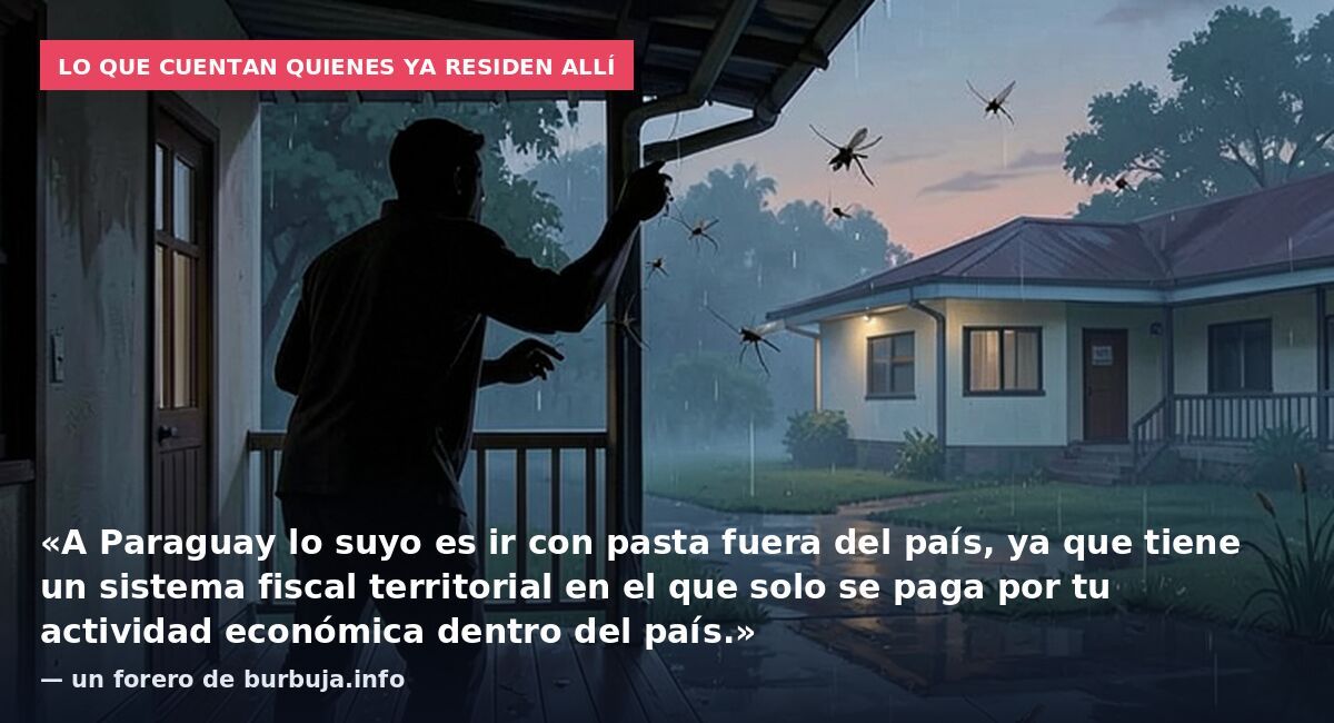 Lo que cuentan quienes ya residen allí: «A Paraguay lo suyo es ir con pasta fuera del país, ya que tiene un sistema fiscal territorial en el que solo se paga por tu actividad económica dentro del país.» — un forero de burbuja.info