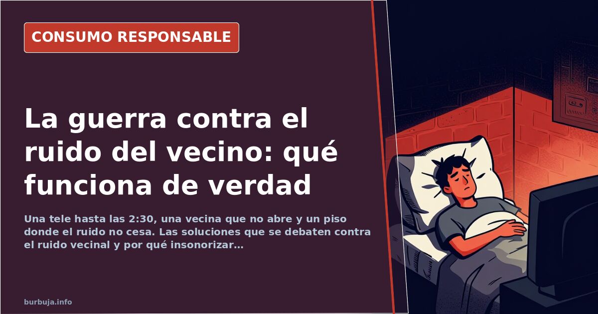 Pared medianera entre dos viviendas con un televisor encendido al otro lado y ondas de sonido atravesando el tabique