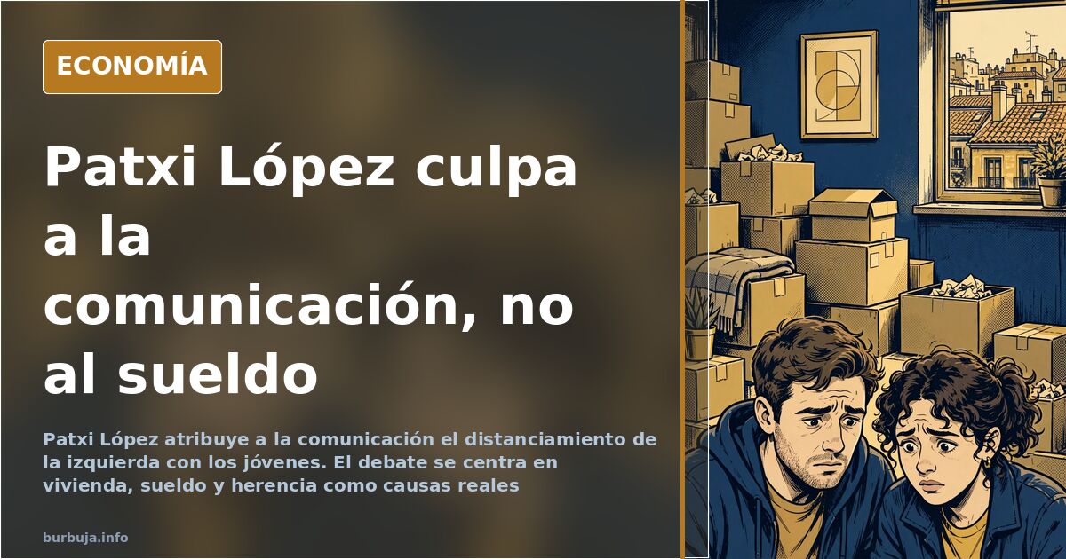 Ilustración editorial de un joven mirando el precio de la vivienda mientras un político habla de comunicación