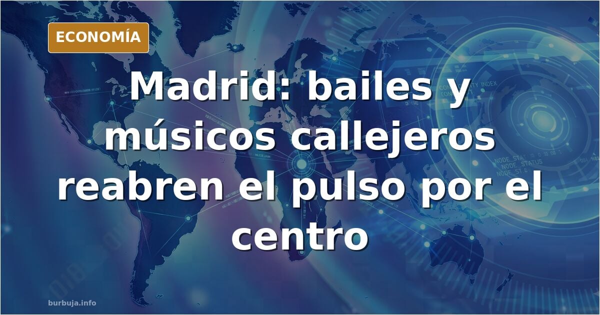Ilustración editorial de una plaza frente a un palacio clásico con figuras bailando y músicos callejeros alrededor