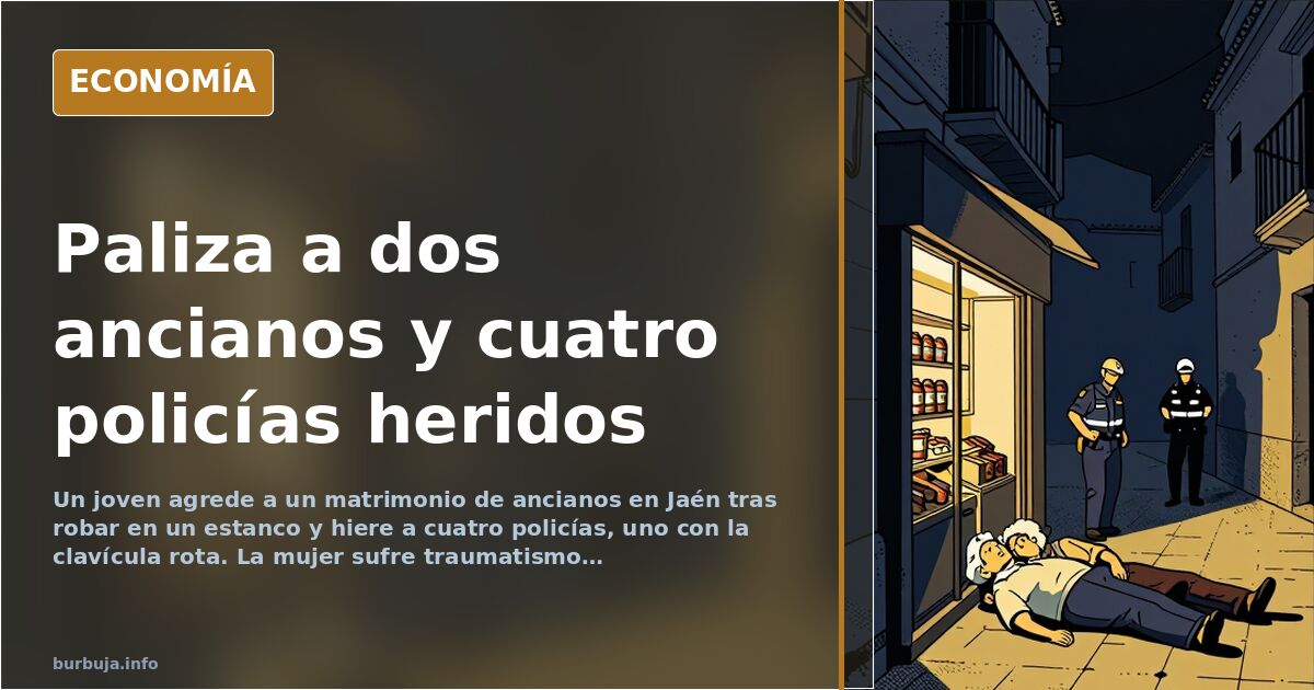 Ilustración editorial de un edificio residencial en Jaén con la puerta forzada y siluetas de policías heridos