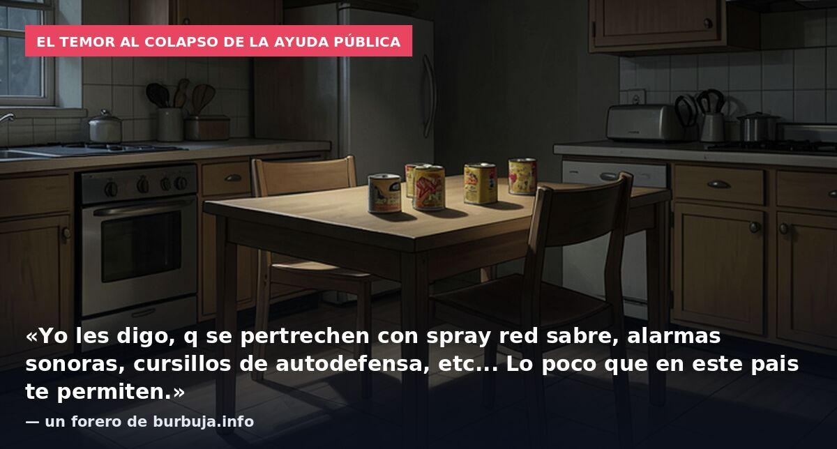 El temor al colapso de la ayuda pública: «Yo les digo, q se pertrechen con spray red sabre, alarmas sonoras, cursillos de autodefensa, etc... Lo poco que en este pais te permiten.» — un forero de burbuja.info