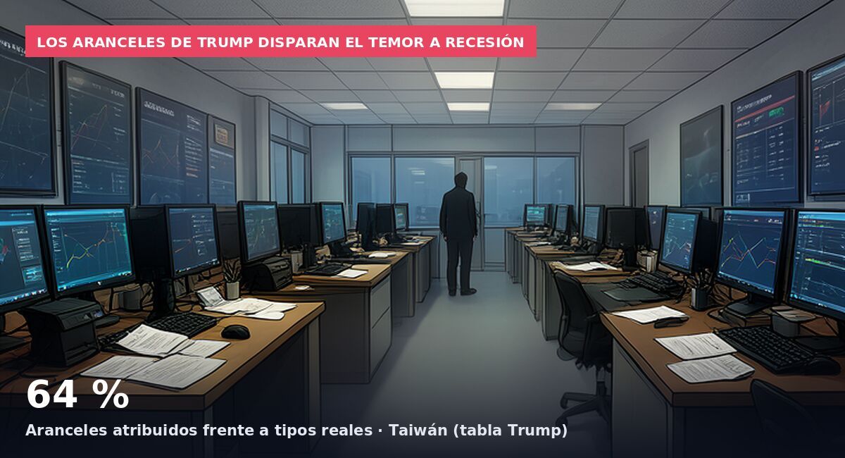 Los aranceles de Trump disparan el temor a recesión: 64 % Aranceles atribuidos frente a tipos reales · Taiwán (tabla Trump)