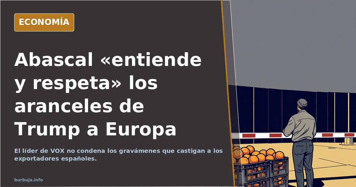 Ilustración editorial de un político español observando aranceles comerciales sobre productos europeos