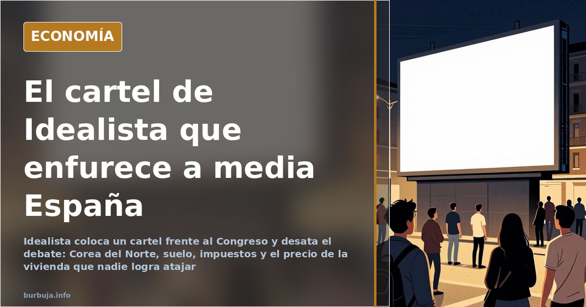 Cartel publicitario de Idealista frente al Congreso de los Diputados en Madrid, con la fachada del edificio al fondo