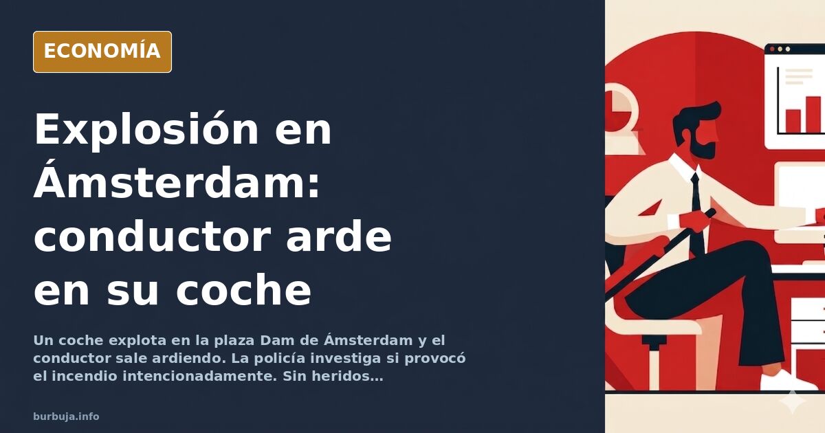 Ilustración editorial de un coche en llamas en una plaza concurrida de Ámsterdam con figuras de policías observando la escena
