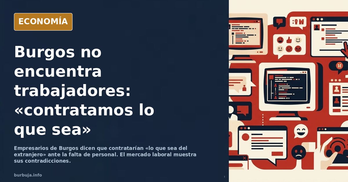 Ilustración editorial de una obra de construcción vacía con grúa y casco, símbolo de la falta de personal en Burgos