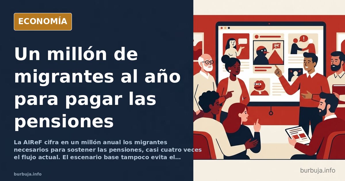 Ilustración editorial de una pirámide poblacional invertida con siluetas de personas mayores y jóvenes en tonos azul marino y