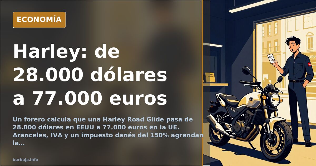 Ilustración editorial de una moto Harley Davidson frente a una etiqueta de precio europea y otra estadounidense