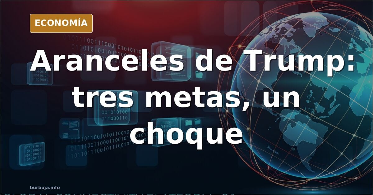 Ilustración editorial de aranceles y comercio internacional con contenedores y gráficos en azul marino y dorado