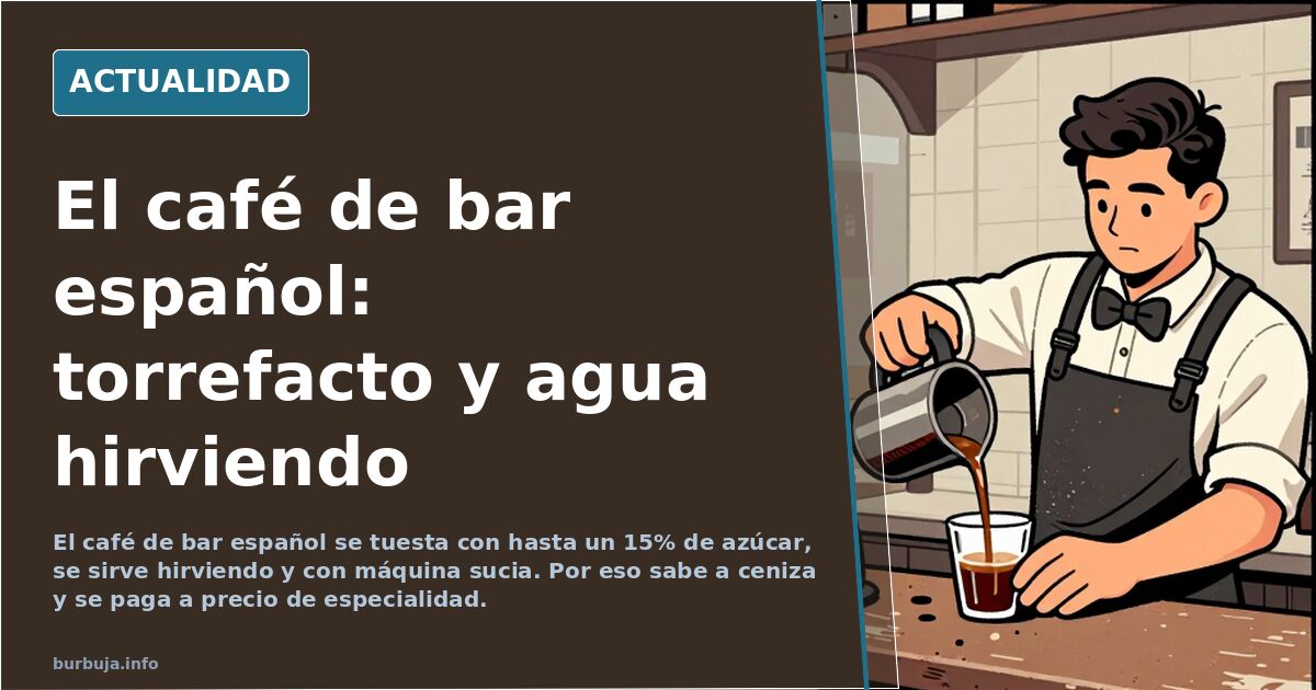 Taza de café solo humeante sobre barra de bar española con máquina de café industrial al fondo