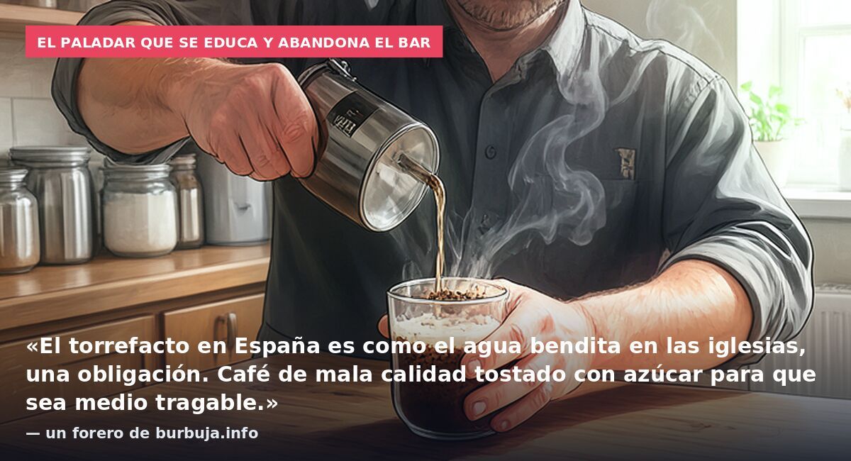 El paladar que se educa y abandona el bar: «El torrefacto en España es como el agua bendita en las iglesias, una obligación. Café de mala calidad tostado con azúcar para que sea medio tragable.» — un forero de burbuja.info