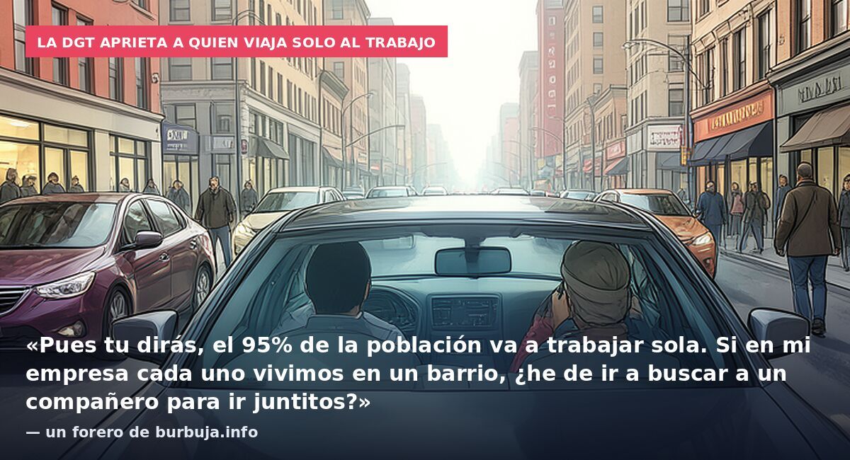 La DGT aprieta a quien viaja solo al trabajo: «Pues tu dirás, el 95% de la población va a trabajar sola. Si en mi empresa cada uno vivimos en un barrio, ¿he de ir a buscar a un compañero para ir juntitos?» — un forero de burbuja.info