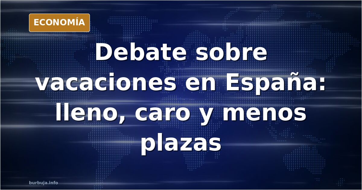Ilustración editorial de una playa española abarrotada de turistas con sombrillas frente a hoteles, reflejando un debate sobr