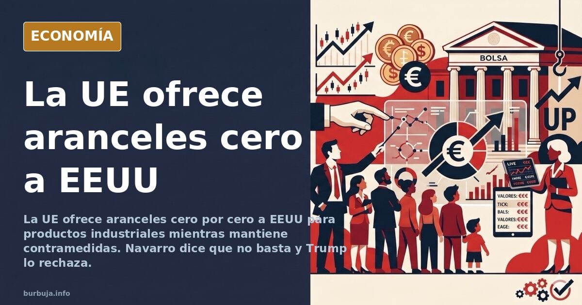 Ilustración editorial de la bandera europea y la estadounidense frente a frente sobre una mesa de negociación con aranceles
