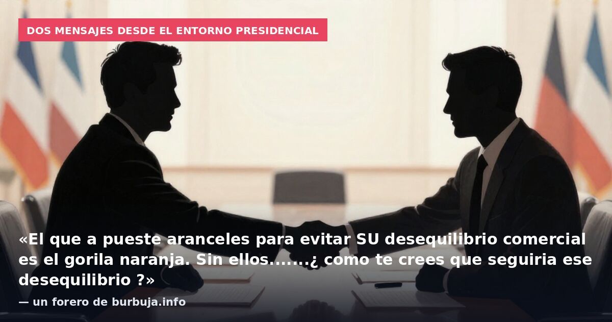 Dos mensajes desde el entorno presidencial: «El que a pueste aranceles para evitar SU desequilibrio comercial es el gorila naranja. Sin ellos.......¿ como te crees que seguiria ese desequilibrio ?» — un forero de burbuja.info