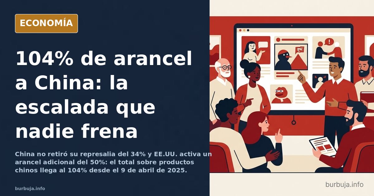 Ilustración editorial de dos bloques comerciales enfrentados con aranceles del 104% sobre productos chinos en Estados Unidos