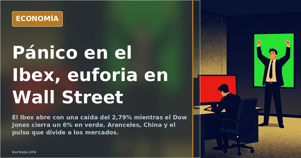 Gráfico bursátil en rojo y verde con el Ibex 35 cayendo mientras Wall Street rebota en la misma jornada