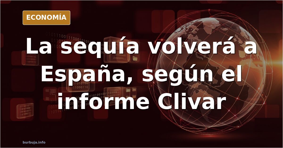 Ilustración editorial de un pantano español con compuertas abiertas y suelo agrietado bajo un cielo azul profundo