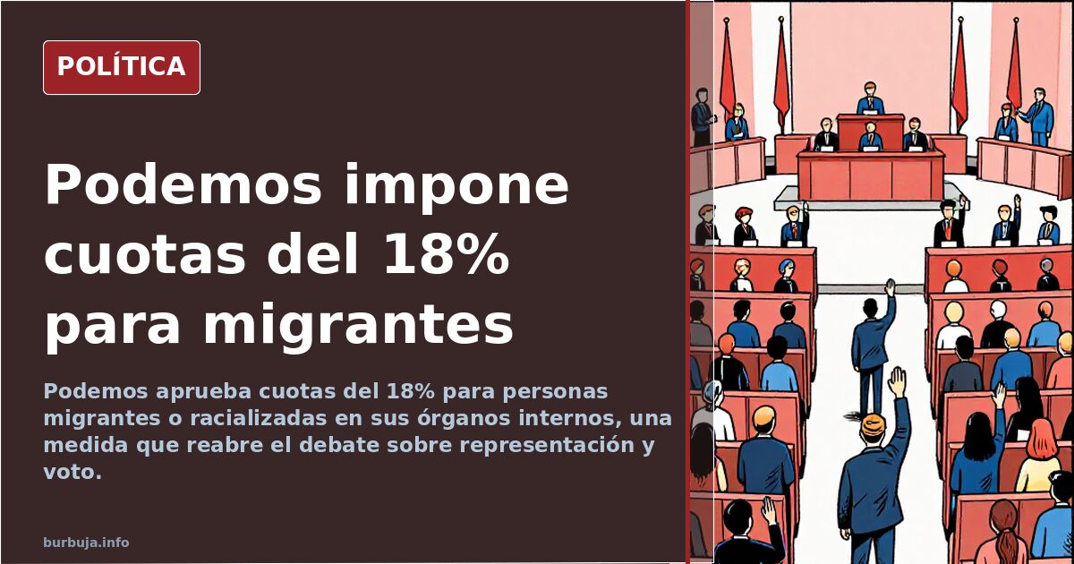 Ilustración editorial de una asamblea política con cuotas de representación para migrantes y personas racializadas