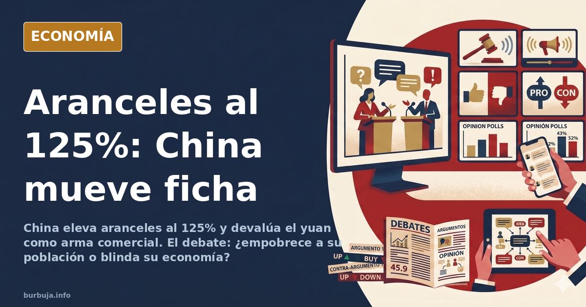 Ilustración editorial de una balanza con aranceles al 125% y una moneda china devaluada sobre fondo azul marino
