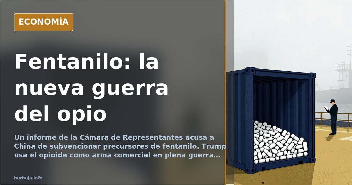 Ilustración editorial de un frasco de pastillas partido en dos mitades, una con la bandera de Estados Unidos y otra con la de