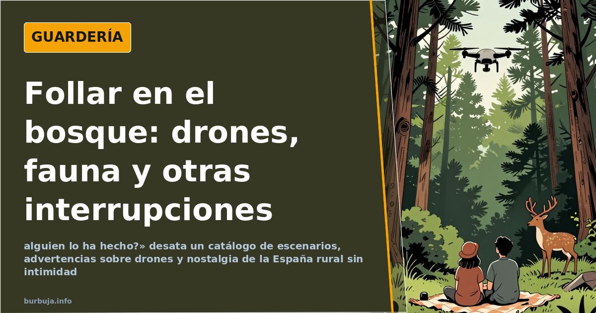 Ilustración de un bosque con un coche aparcado entre los árboles y un dron sobrevolando la zona