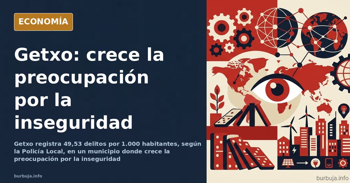 Ilustración editorial de una calle burguesa de Getxo con vecinos mayores paseando y un cartel de preocupación por la inseguri