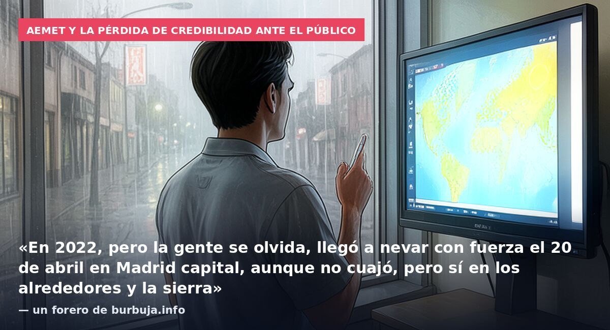 AEMET y la pérdida de credibilidad ante el público: «En 2022, pero la gente se olvida, llegó a nevar con fuerza el 20 de abril en Madrid capital, aunque no cuajó, pero sí en los alrededores y la sierra» — un forero de burbuja.info