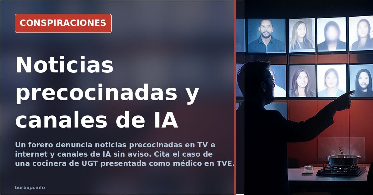 Presentadora de televisión frente a cámara en un plató, ilustrando la denuncia sobre noticias precocinadas en medios de comun