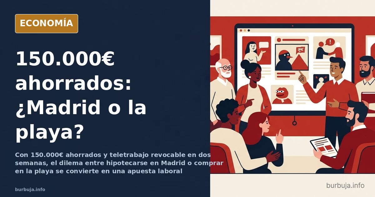Ilustración editorial de una balanza con un edificio de Madrid a un lado y una casa junto al mar al otro, bajo un contrato de