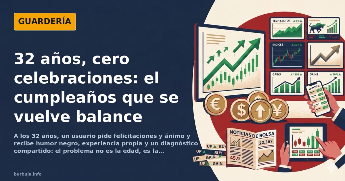 Ilustración de una tarta de cumpleaños con 32 velas sobre una mesa vacía, en tonos apagados y estilo cartoon detallado