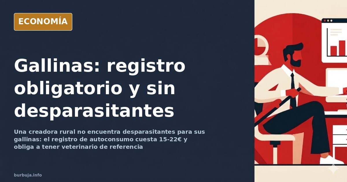 Ilustración editorial de un corral con gallinas y una valla burocrática de documentos y sellos oficiales