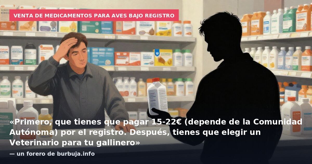 Venta de medicamentos para aves bajo registro: «Primero, que tienes que pagar 15-22€ (depende de la Comunidad Autónoma) por el registro. Después, tienes que elegir un Veterinario para tu gallinero» — un forero de burbuja.info