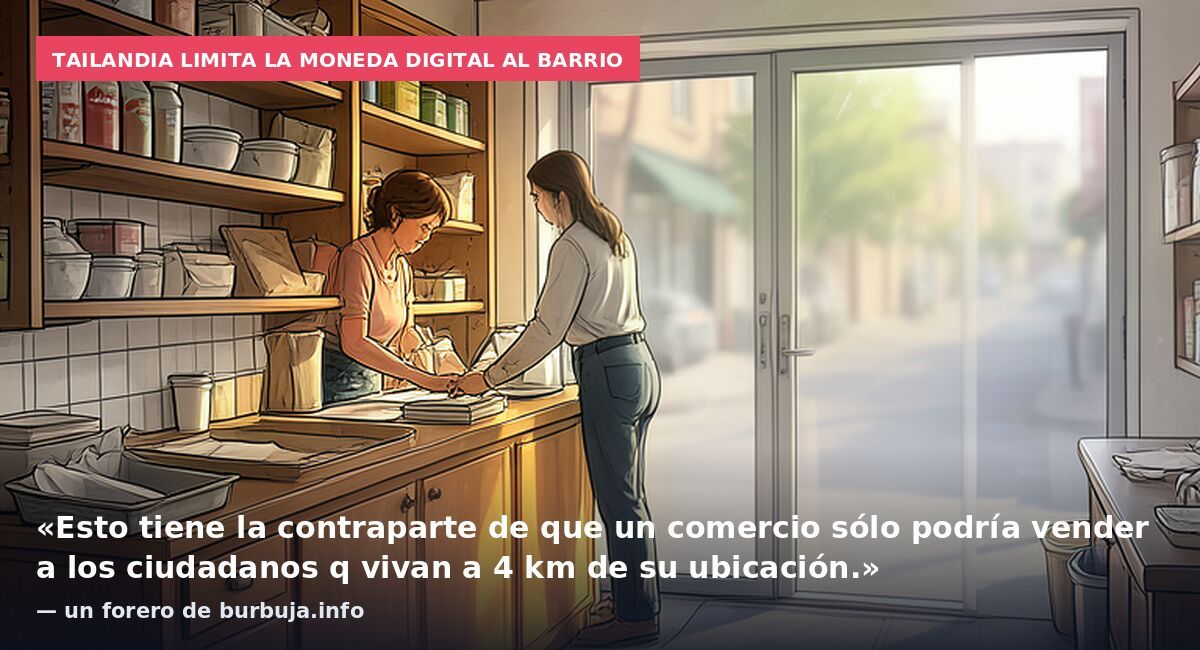 Tailandia limita la moneda digital al barrio: «Esto tiene la contraparte de que un comercio sólo podría vender a los ciudadanos q vivan a 4 km de su ubicación.» — un forero de burbuja.info
