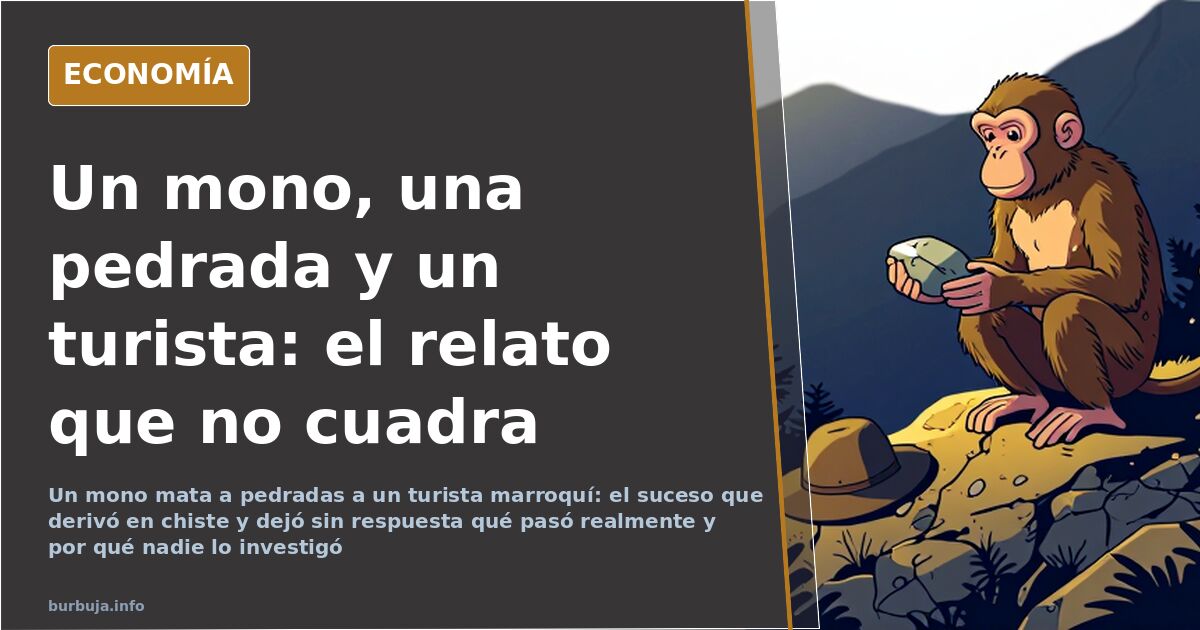 Ilustración editorial de un mono lanzando una piedra en un entorno urbano, con un turista marroquí al fondo