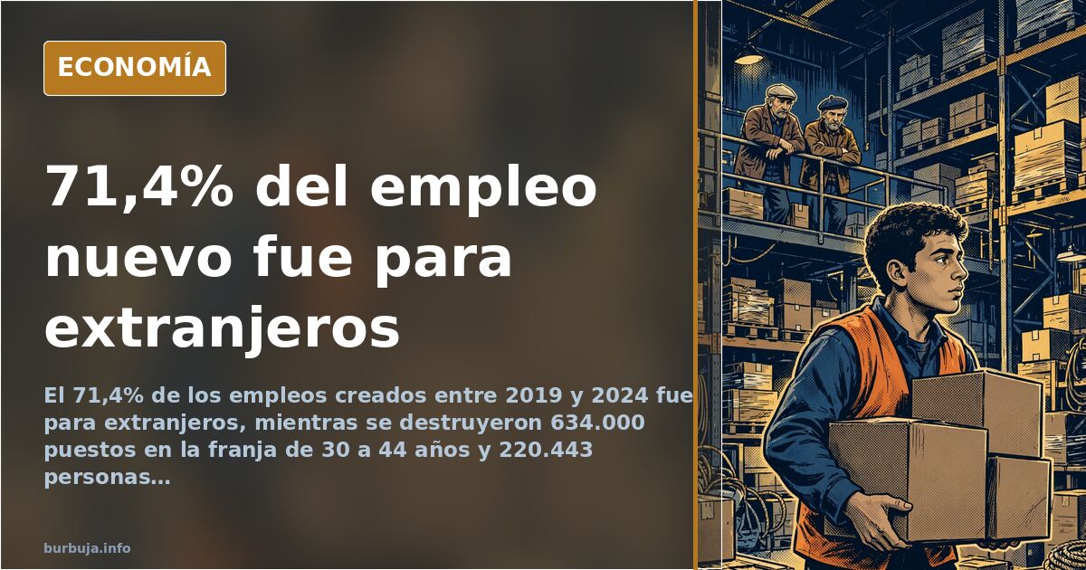Gráfico de barras que muestra el porcentaje de empleo nuevo ocupado por trabajadores extranjeros en España entre 2019 y 2024