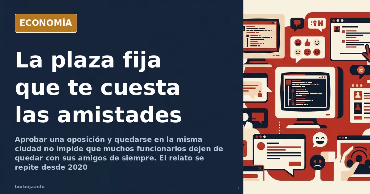 Ilustración editorial de un funcionario recién aprobado separándose de un grupo de amigos en una ciudad española