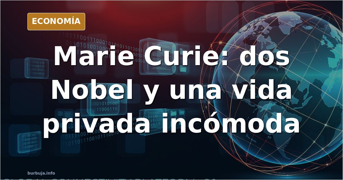 Retrato ilustrado de Marie Curie con dos medallas Nobel y tubos de laboratorio sobre fondo azul marino