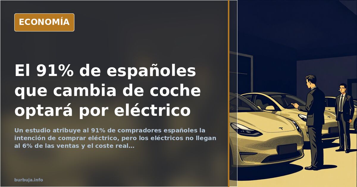 Ilustración editorial de un coche eléctrico enchufado a un punto de recarga en una ciudad, con un surtidor de gasolina al fon